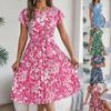 Women's Elegant Floral Short Sleeve Swing Pleated Dress Casual New Summer Floral Dresses