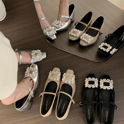 Вечерний бриз весна и осень серебристый новый свет рот страз 2025 толстый каблук Мэри Джейн туфли на высоком каблуке для работы французские одинарные туфли женские