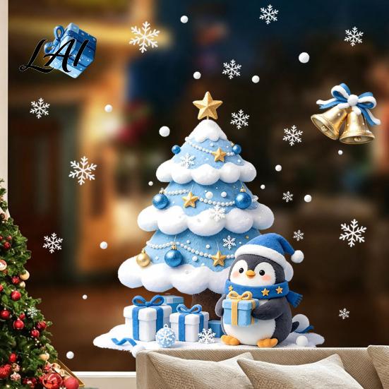 Indoor Outdoor Holiday Stickers Christmas Tree/Santa Claus Window Clings Blue PVC Waterproof Static Glass Stickers Tree Clings Winter Wall