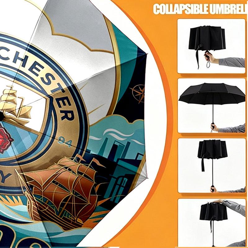 Custom Name Personalized Manchester City Print Umbrella, Auto Open Close, 8‑Rib Sturdy Frame, Commute Camping Hiking Use, Birthday Gift