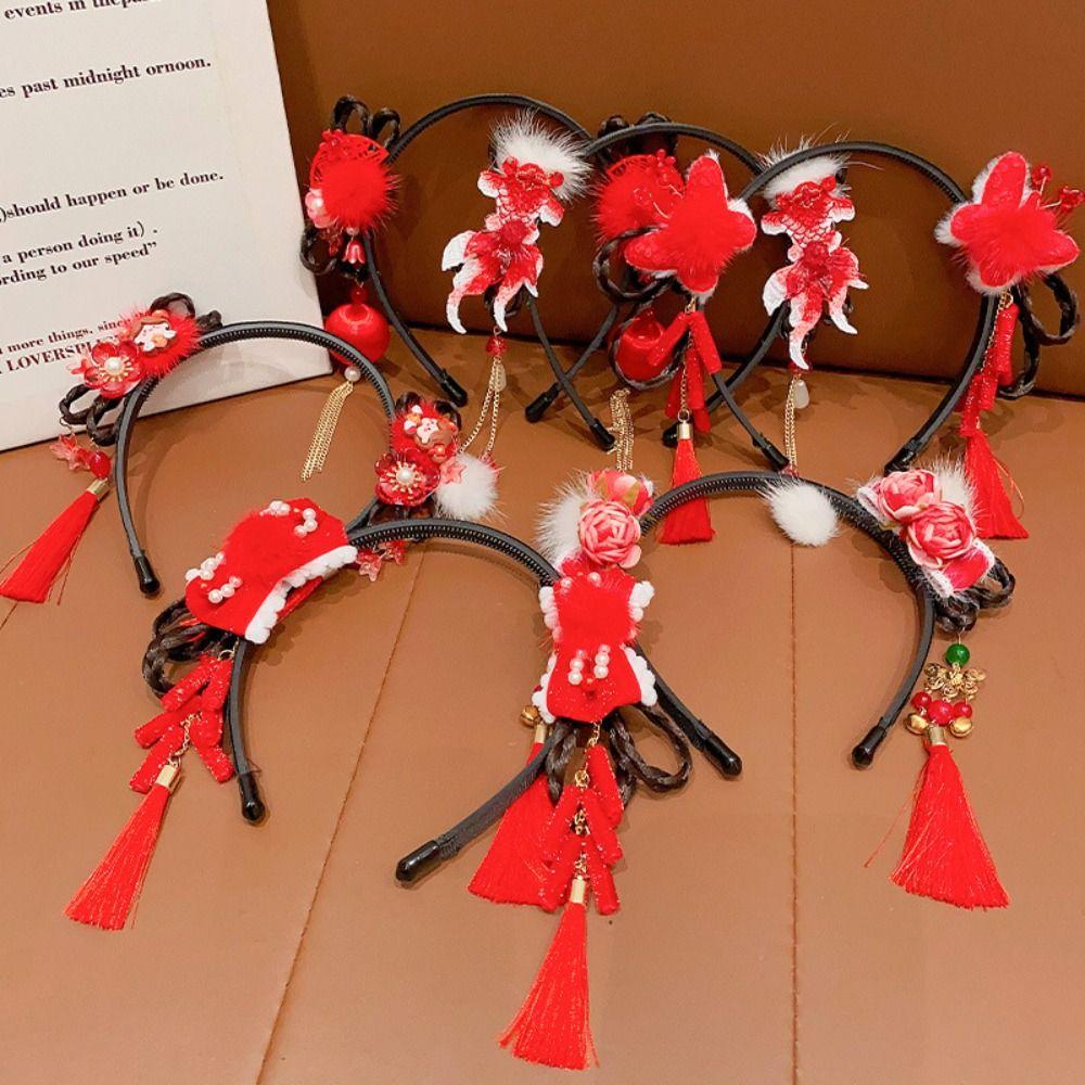 Парик Ханфу в китайском стиле, повязка на голову с жемчугом, новогодний головной убор, повязка на голову с цветочной кисточкой, детская повязка на голову