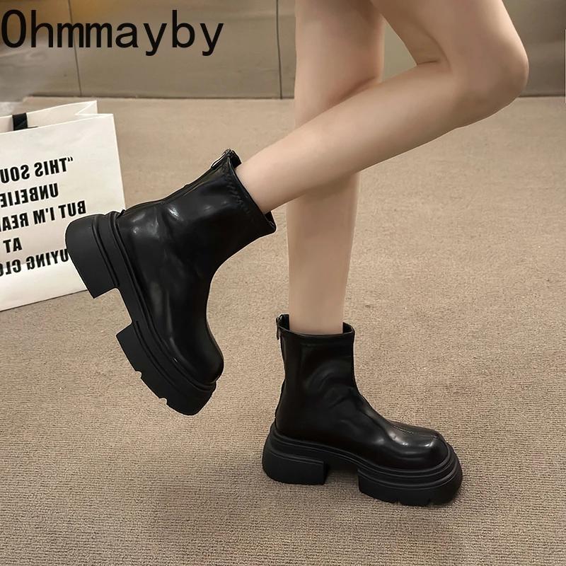 Fashion Autumn Chunky Women Slim Ankle Boots Fashion Back Zippers Platform Heel Short Booties Street Style Female Shoes