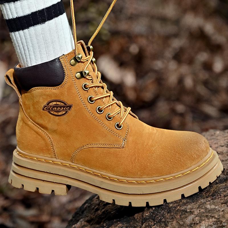 Мужские и женские ботинки. Высокие рабочие ботинки из натуральной кожи. Желтые ботинки осень-зима.