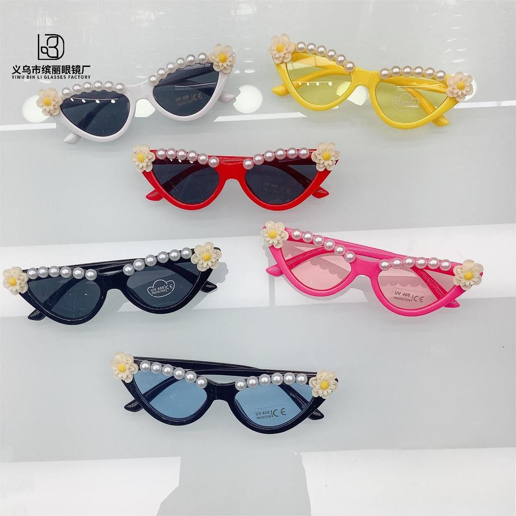 Sticky Pearl Peach Heart Frame Sunglasses Personalized Fashion Boys And Girls Sunscreen Flowers Cute Sunglasses