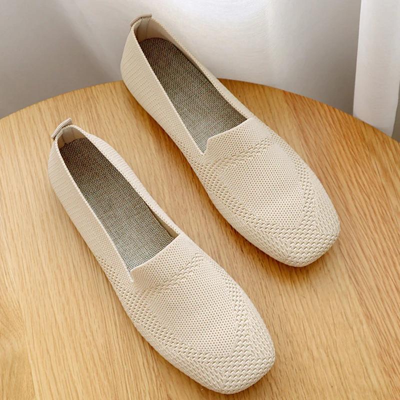 Весенние новые балетки женские трикотажные мокасины с квадратным носком повседневные дышащие туфли на плоской подошве для вождения туфли-лодочки PlusSize 35-42