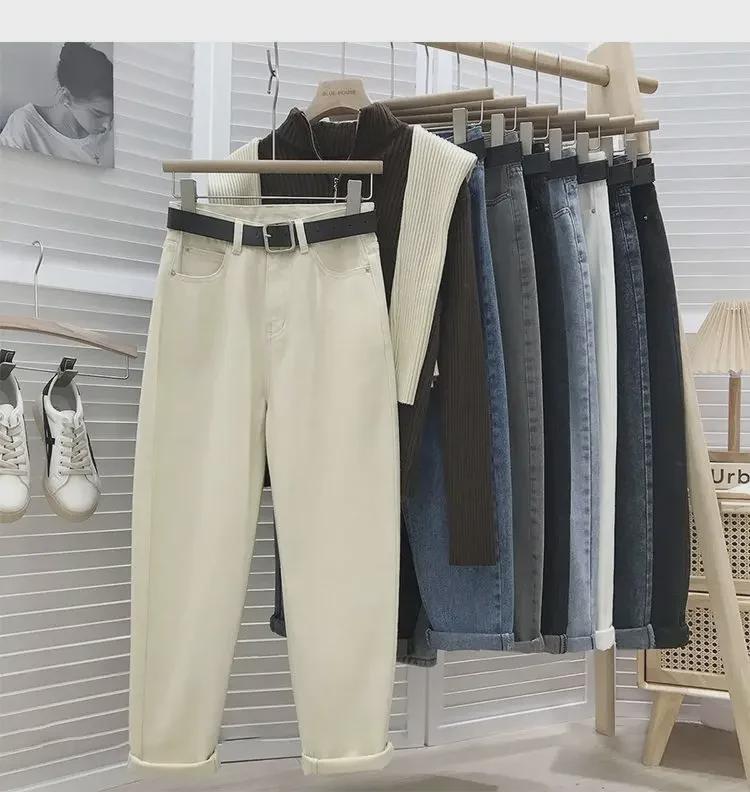 Женские джинсы с высокой талией в стиле ретро — осень 2021 г., корейский стиль, свободный облегающий крой, брюки-шаровары цвета моркови с девятью точками