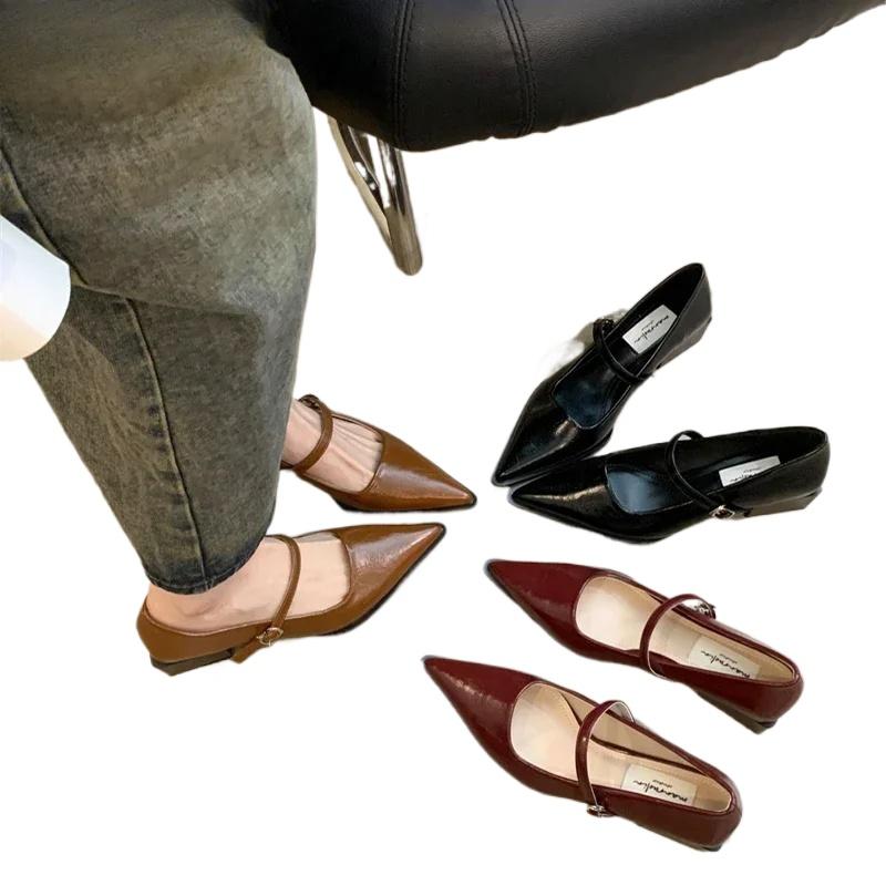 Модные туфли Мэри Джейн на толстом каблуке в ретро-стиле для женщин, модные туфли-лодочки с неглубоким вырезом и острым носком для комфорта леди в офисе