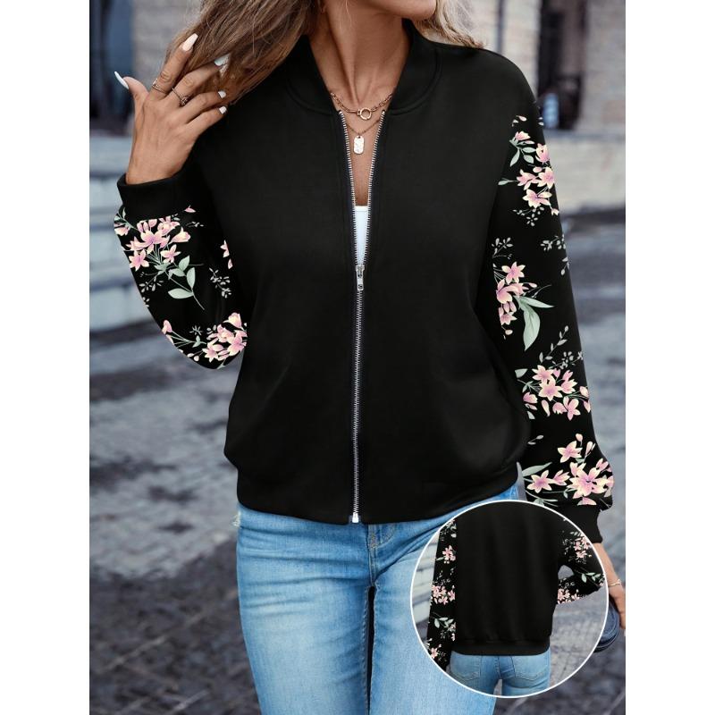Куртка на молнии с цветочным принтом, Элегантная куртка с длинным рукавом и бейсбольным воротником для весны и осени, Женская одежда