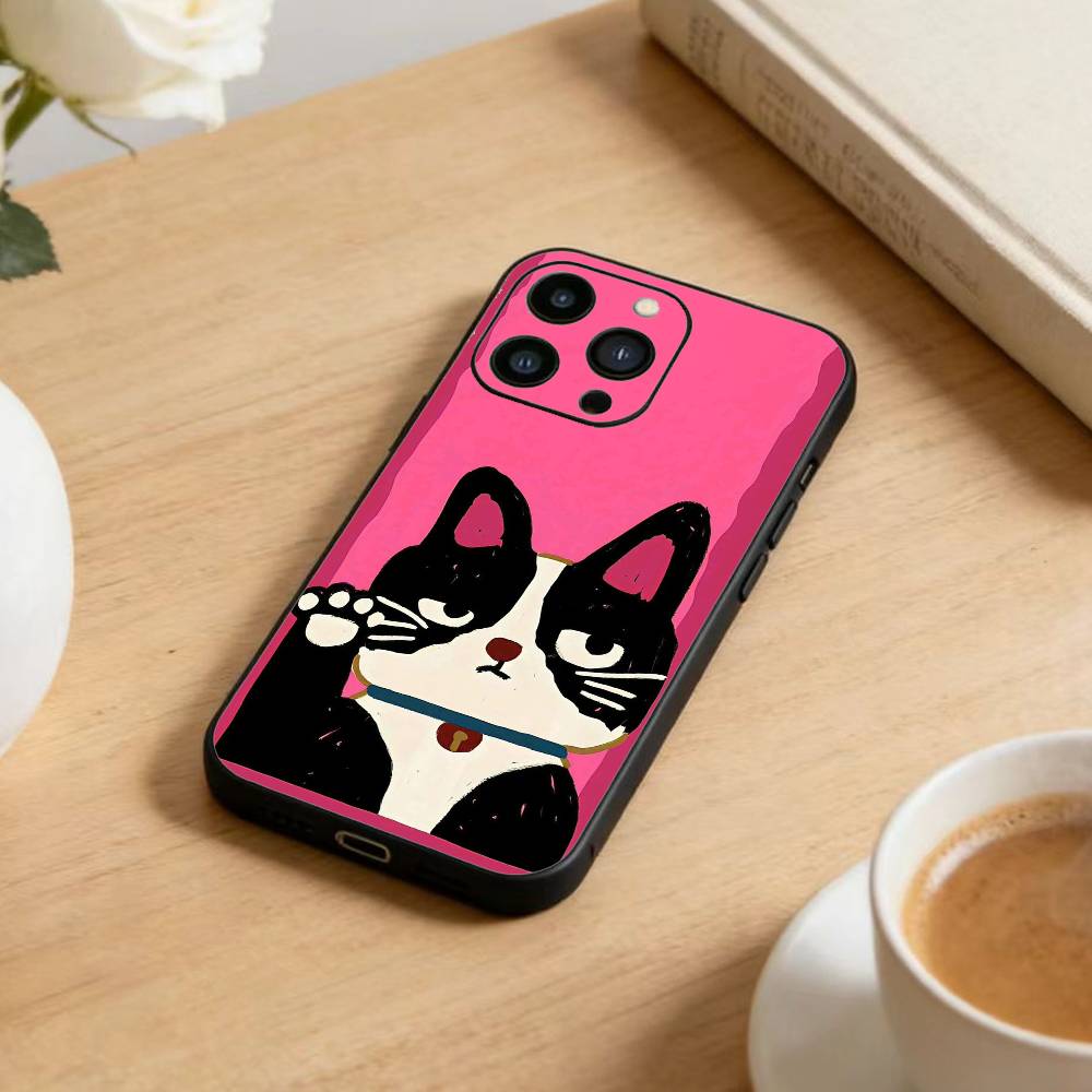 Полосатая рубашка Кофе Кот Чехол для телефона Для iPhone 17 16 15 14 13 12 Max Plus Силиконовый Черный Чехол