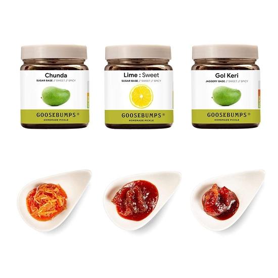 Goosebumps Gujarati Aachar Combo | Oil-Free Pickles Combo | Chunda Pickle, Lime Sweet Pickle| Meetha aachar(250g x 3 Packs), 750 grams