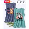 Follow a Specific Direction Two-piece Women's Sleeveless Vest with Vintage Print Summer Casual Wear Adorable Pet Cat's Love Cute Essential Fashion