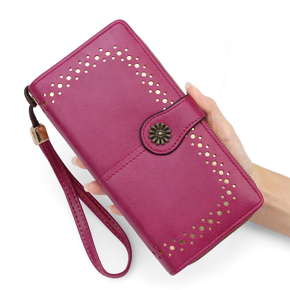 Women's Oil Wax Leather Zipper Wallet with Coin Purse & ID Holder