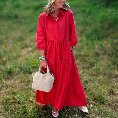 Женское платье макси с рукавами 3/4, застегивающееся на пуговицы, лацканы, свободное платье с карманами, многоуровневый пляжный сарафан А-силуэта с оборками