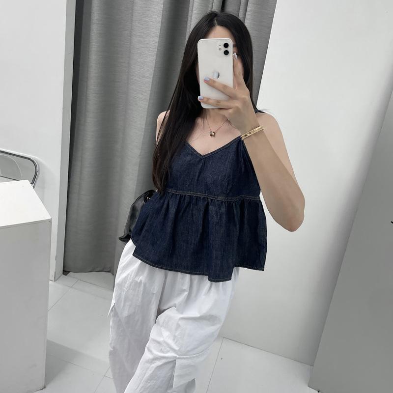 Стильный жилет, элегантность, мода, повседневный, темный деним, V-образный вырез, майка, женская, многослойная, летняя, с оборками, свободная внутренняя короткая безрукавка