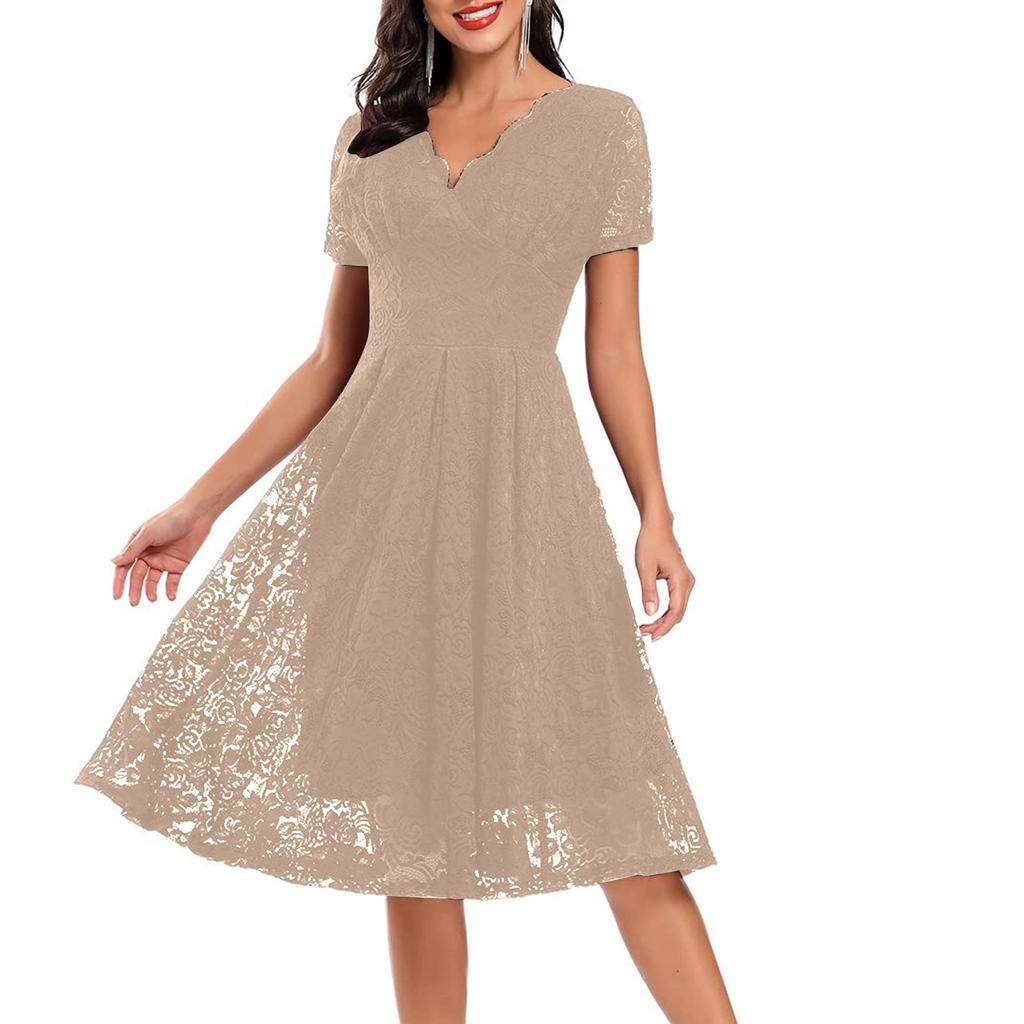 Ladies Solid Color V-neck Mid-length Lace Swing Dress