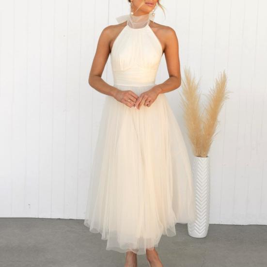 Lady Evening Dress Lace-up High Collar Halter Neck Backless Off Shoulder Sleeveless Multi-layer Mesh Hem Solid Color A-line