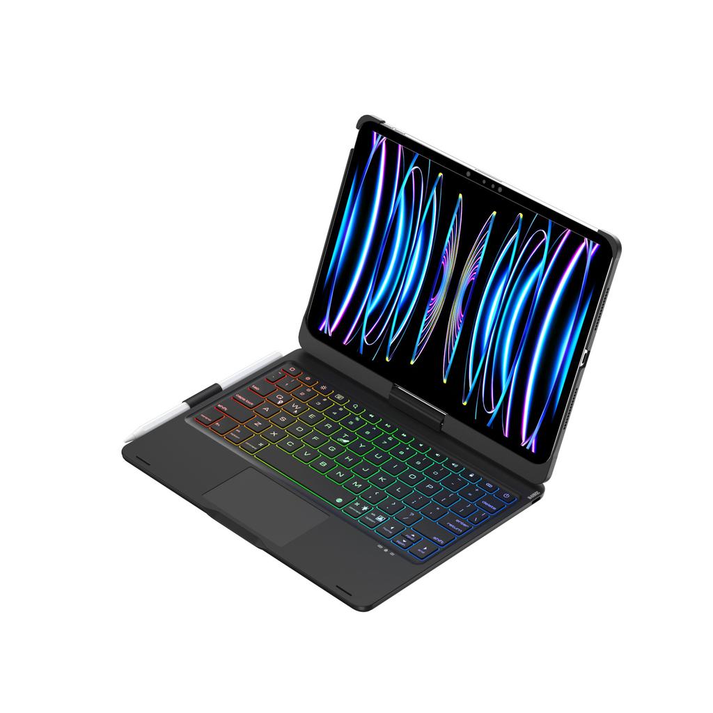 Новая беспроводная клавиатура с RGB-подсветкой для iPad Air 7-го поколения 2025 года, 11-дюймовый чехол, 360° вращающаяся сенсорная панель, 7-цветная подсветка, черный держатель для карандаша