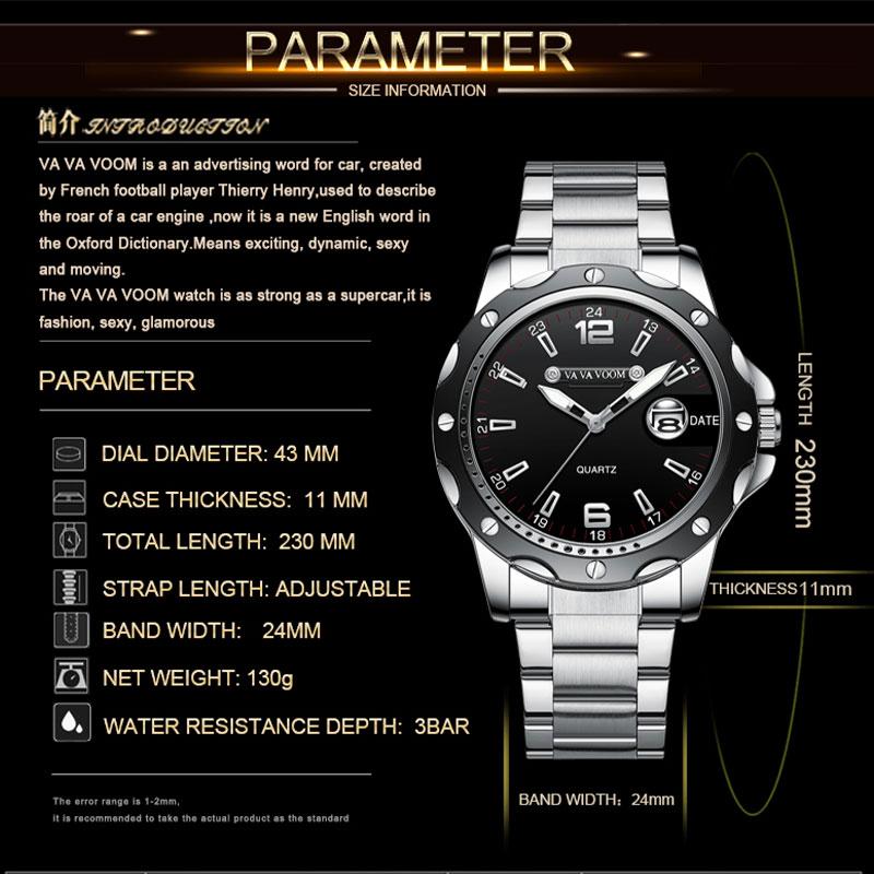 VA VA VOOM Мужские кварцевые часы, модные увеличительное стекло, календарь, светящийся мужской стальной ремешок, спортивные часы, модные светящиеся кварцевые наручные часы
