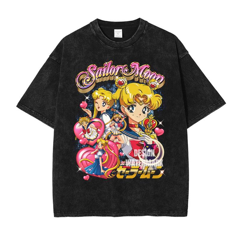 Tsukino Usagi T Shirts Vintage Washed Anime SSailor MMoon Oversized Tshirts Manga Chibiusa Short Sleeve Girl Tops Tees Women