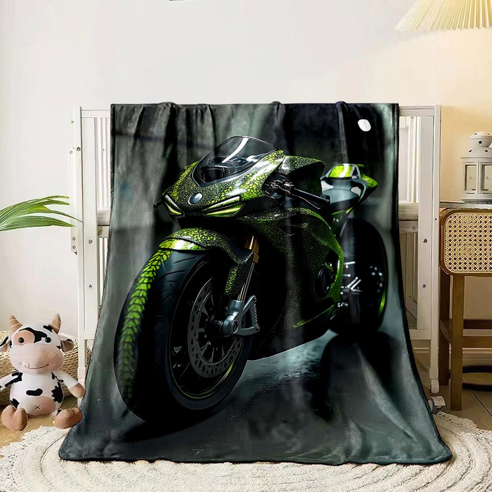 Green reptile-scale pattern with glowing accents on a sporty motorcycle. for all seasons blanket lunch break throw gift