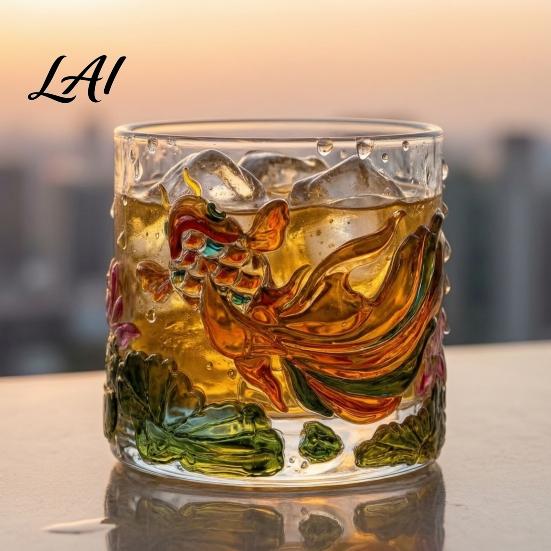 National Trend Aesthetic Glass Spinning Whiskey Glass Fish Lotus Relief Faux Crystal Rotating Tumbler for Liquor Gift Men Women Lead Free Glassware