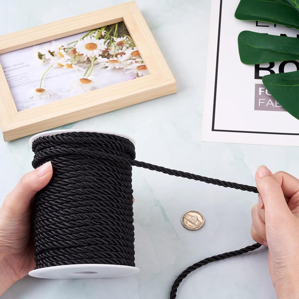 32.8 Yards Black Polyester Twisted Trim Cord Rope 5mm Twisted Decorative Cord Trim Thread String for Upholstery Curtain Tieback Honor Cord Home