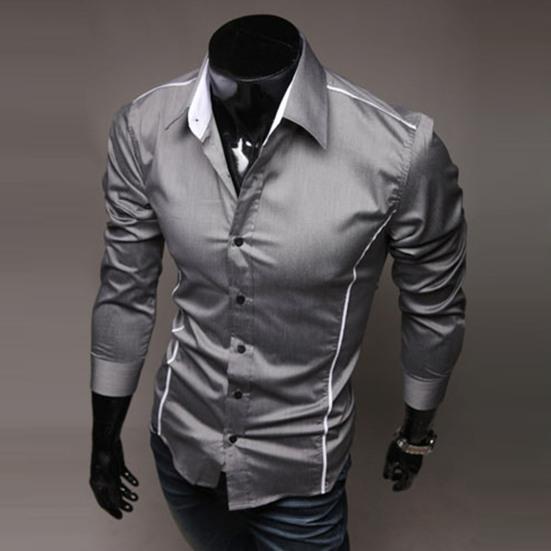 Men Shirt Contrast Colors Turn-down Collar Single-breasted Slim Spring Shirt for Work