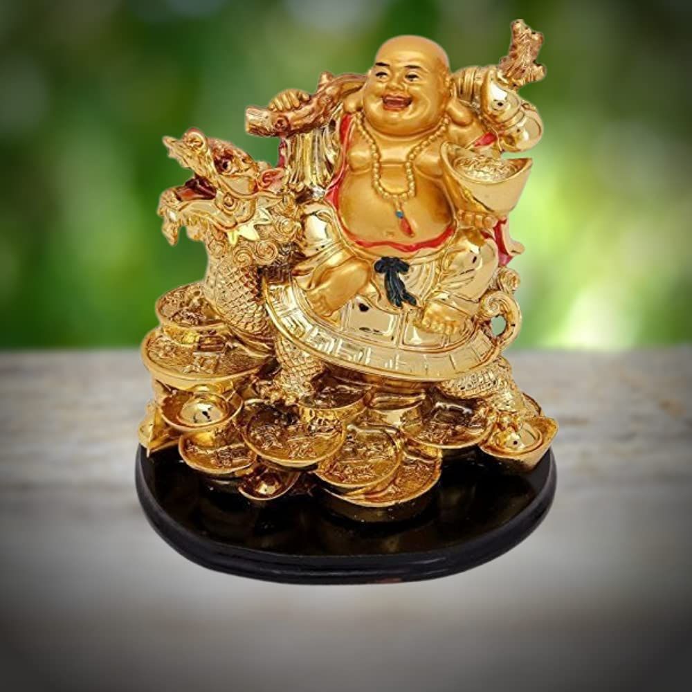 Polyresin Laughing Buddha On Dragon; 10x 13x 8 Cm; Gold; 1 Showpiece; Buddha; Dragon, Buddha,Dragon
