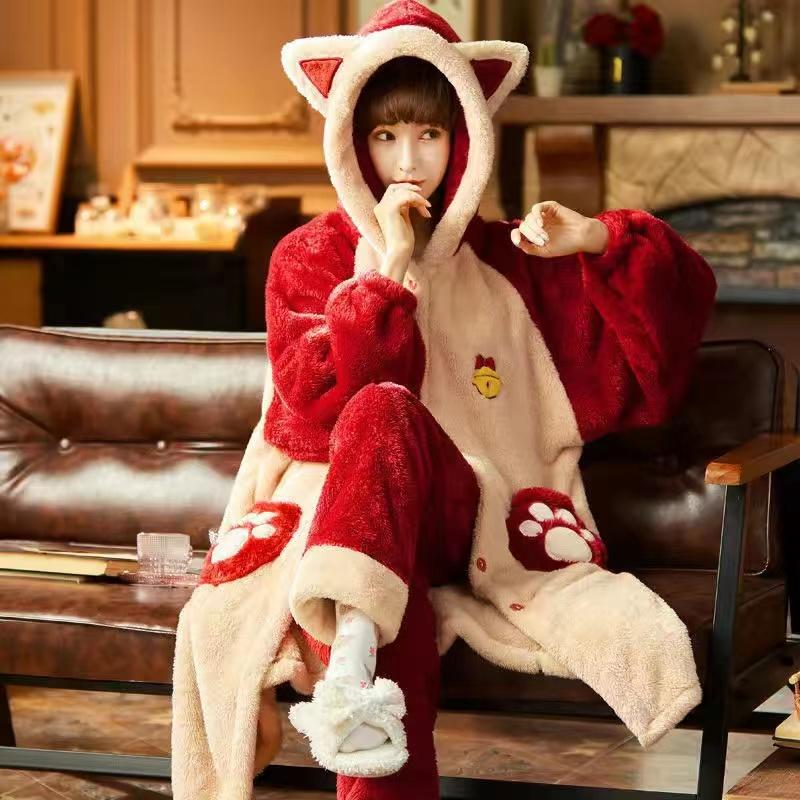 Пижамные комплекты из кораллового флиса для женщин, милые милые длинные ночные рубашки, костюмы, зимняя теплая домашняя одежда, ночная рубашка с капюшоном, пижамы