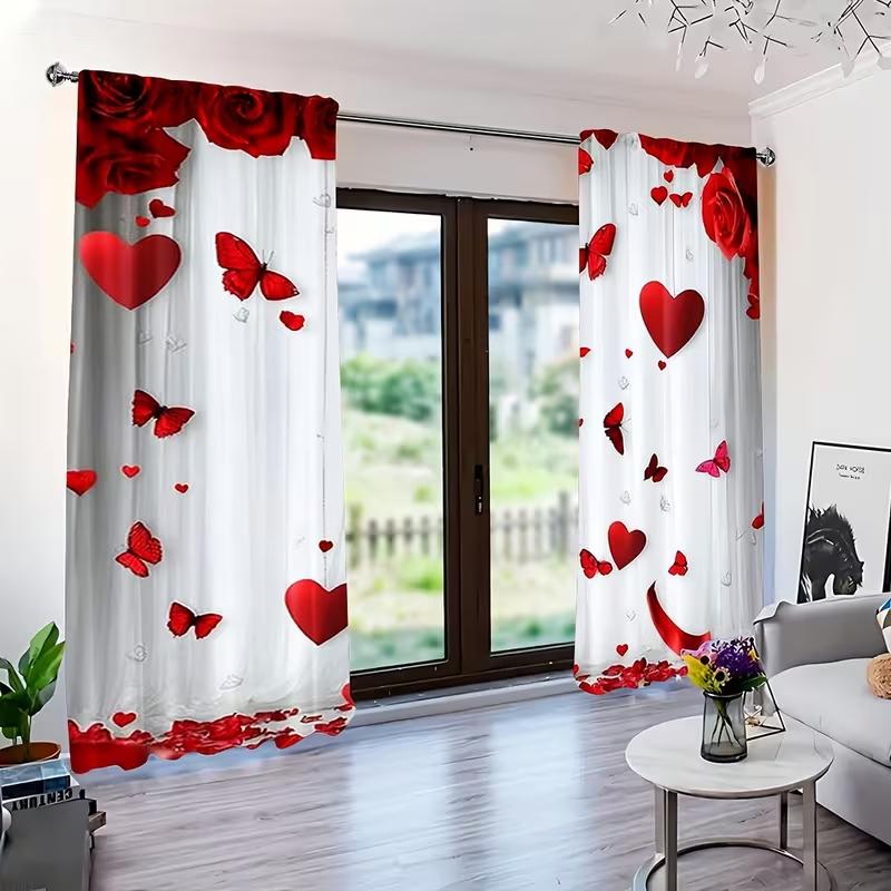 2PC Red Rose Heart Butterfly Sheer Curtains Romantic Valentine Print Light Filtering Drapes Sweet Home Decor for Bedrooms