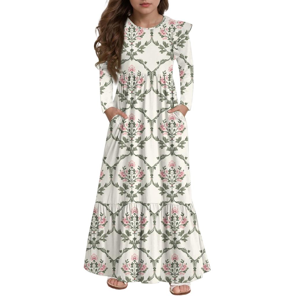 Girls' Tiered Ruffle Dress - Long Sleeve Printed Maxi With Pockets