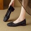 Krazing Pot Cow Skin Weaving Summer Size 41 Low Heels Party Shoes Women Square Toe Gladiator Butterfly-knot Hollow Out Pumps