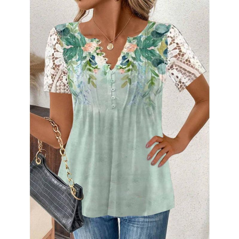 Summer T-shirt Fashion Women's Lace Lace Sleeves T-shirts Crimp Loose Solid Color Casual Printed Button Short Sleeve Tops