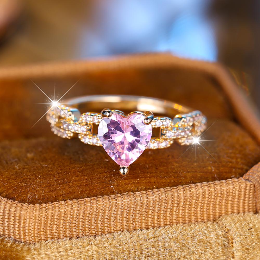 Elegant Pink Zircon Heart Rings for Women Romantic Love Heart Engagement Ring Gold Color Dainty Wedding Band Boho Jewelry
