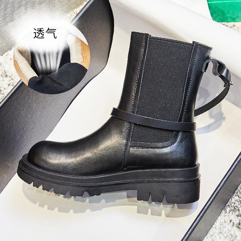 Ботинки Женские Зимние Новые Кожаные Ботинки-сигареты Полусапоги Женские Челси Флисовые Ботинки Мартин