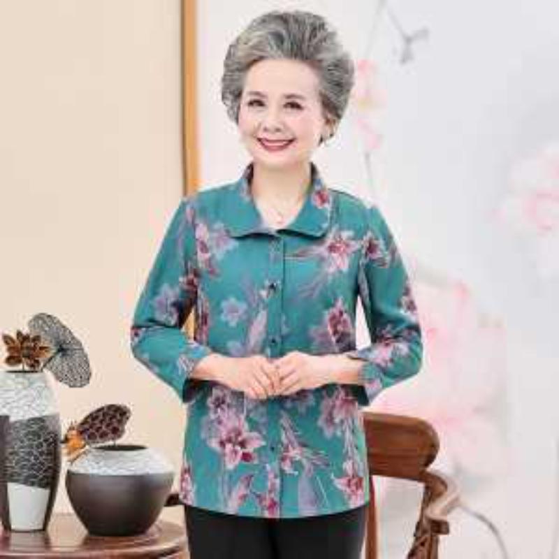 Блузка с цветочным принтом для пожилых женщин Свободная с длинным рукавом Элегантная повседневная рубашка