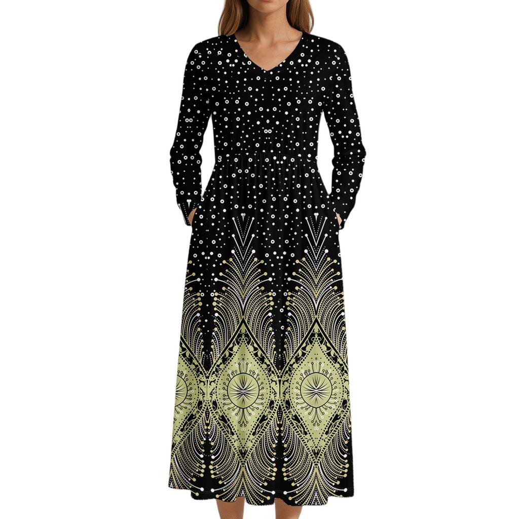 Dress For Women Long Boho Beach Dress Elegant Maxi Dress V-Neck Long Sleeve Dress With Pockets