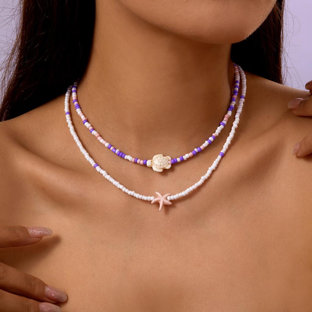 Vintage Double Layer Rice Beads Necklace for Women Boho Beach Turtle Starfish Pendant Short Choker Neck Chain Jewelry Accessory