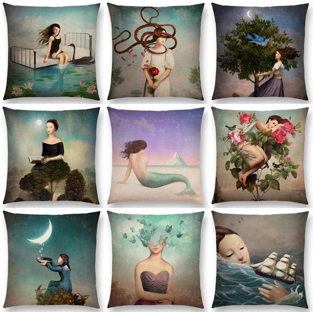 45x45cm Elegant Women Lovely Girl Shakespeare Fantasy Painting Moon Night Swan Dream Tree Cushion Cover Sofa Throw Pillow Cover