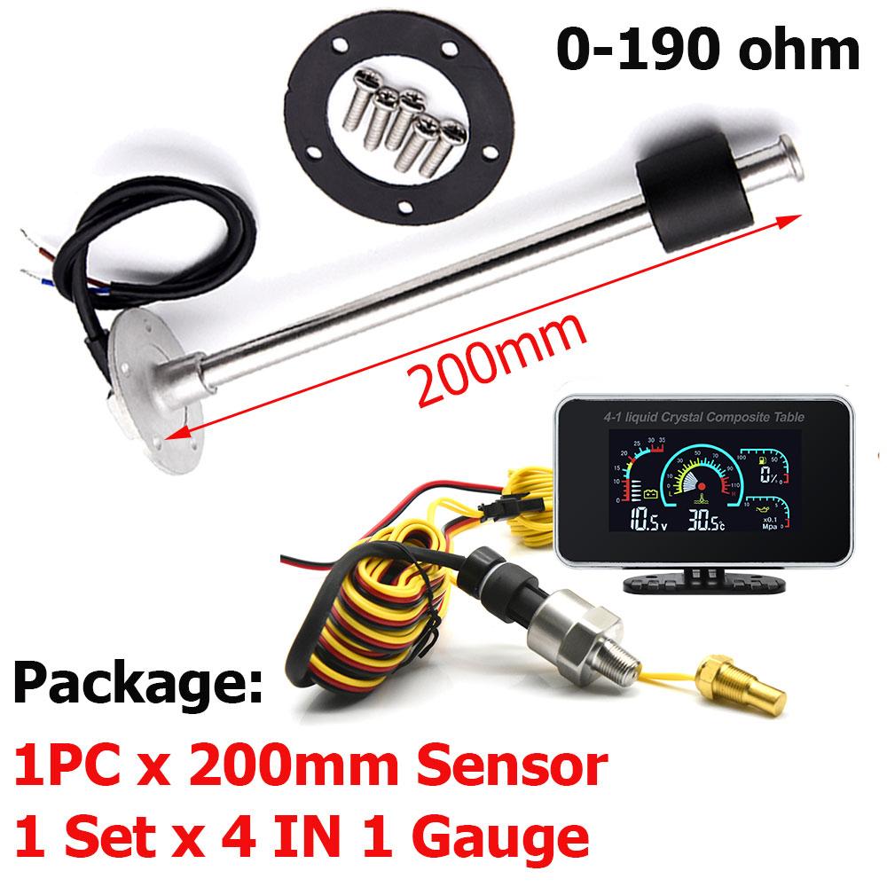 LCD Car Truck Digital Gauge 4 IN 1 Oil Pressure Gauge Water Temp Meter Voltmeter Fuel Level 0-190 ohm Fuel Level Sensor 12V/24V