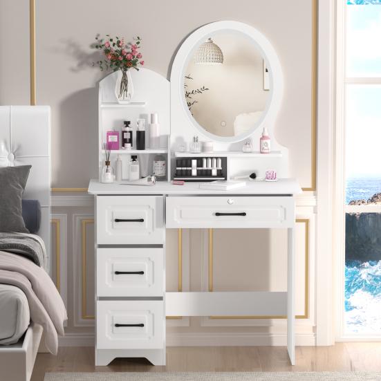 Home Vanity Desk Makeup with Mirror, Large Storage Shelves, 4 Drawers, Table Light, Bedroom Dressing