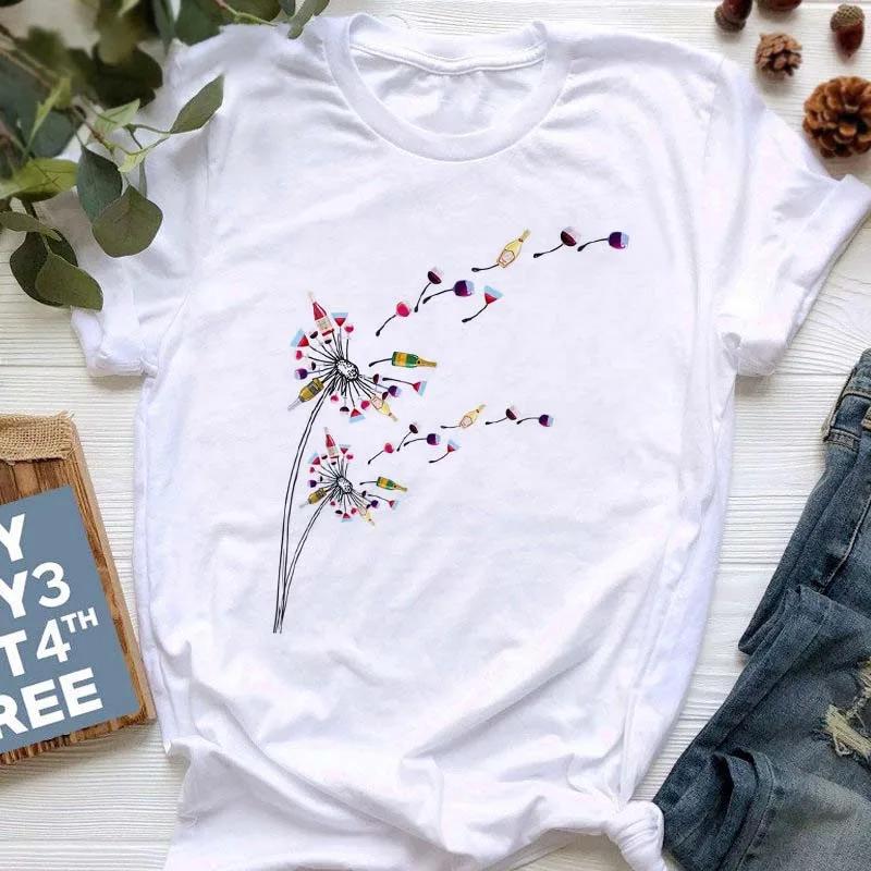 Summer Dandelion Butterfly Print Women Tshirt Casual White and Black T-shirt Funny T Shirt Gift for Lady Young Girl Tops