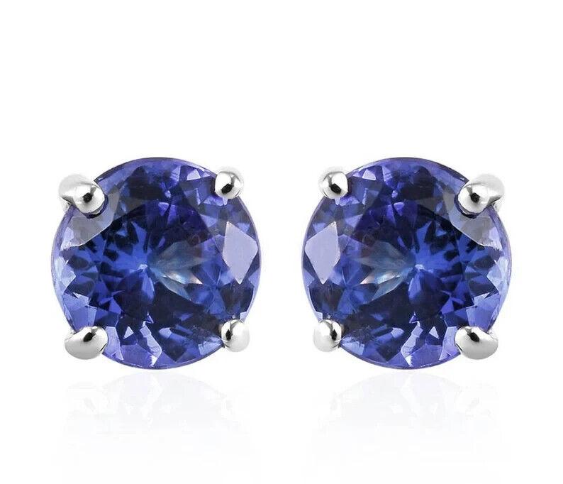 Серьги-гвоздики из стерлингового серебра 925 пробы с натуральным танзанитом круглой огранки