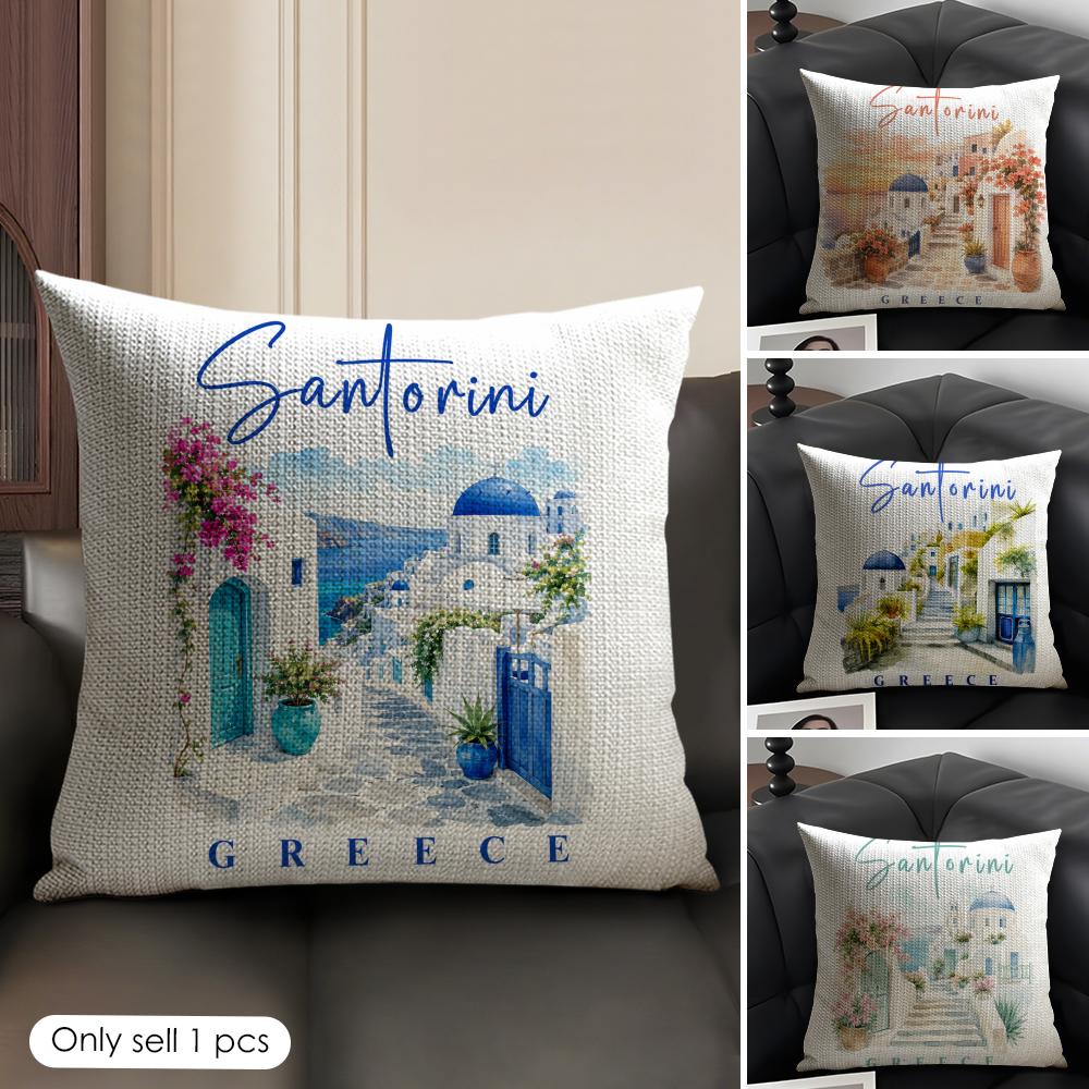 Greek Santorini Cushion Cover Linen Organic Fabric DoubleSided Printing Sofa Breathable Home Decor Gift Pillow Case