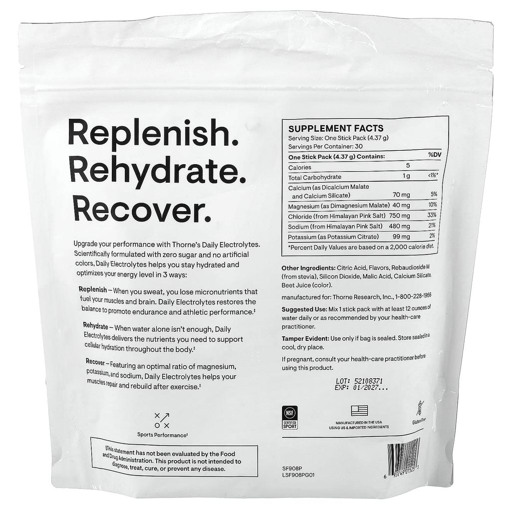 Thorne Daily Electrolyte, Watermelon, 30 Stick Packs, 4.37g (0.15oz) Each