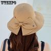 Women Breathable Foldable Summer Wide Brim Solid Color Sun Hats Outdoor Travel Beach Sunscreen Hats with Bow