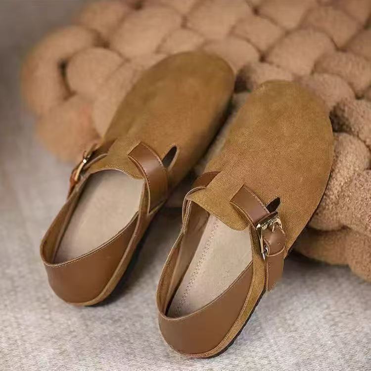 Мягкие Birkenstock осенние новые тапочки на ремешке ретро круглый носок туфли на плоской подошве Doudou