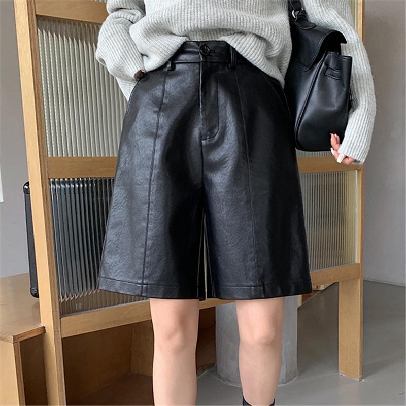 Women's Black Faux PU Leather Shorts High Waist Wide Leg Loose Pants Female Trousers