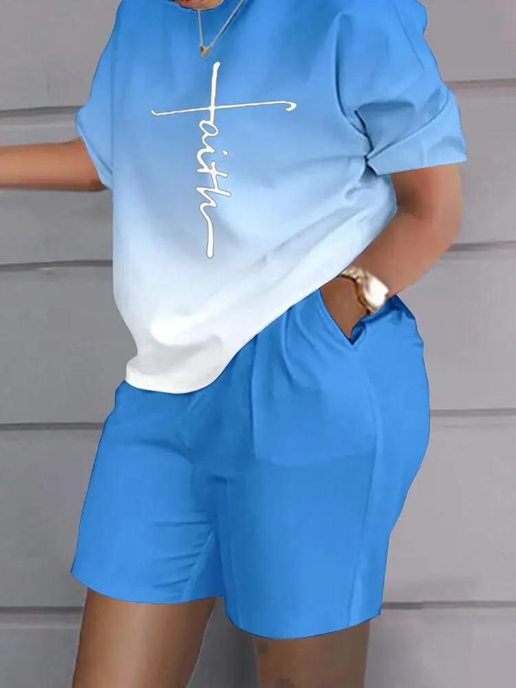 Повседневный топ и шорты, комплекты, повседневная футболка с коротким рукавом, женский летний комплект с градиентом и 3D принтом, карманные шорты, костюм, женская футболка, шорты