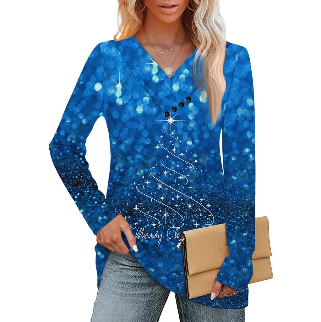Women's Fashion Casual V-neck Pleated Christmas Long Sleeve Top